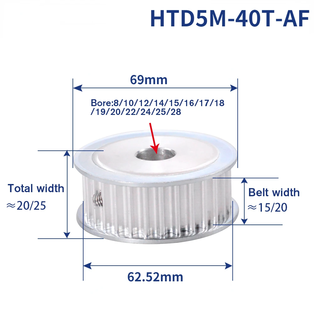 

HTD5M 40T Timing Pulley Bore 5/68/10/12/14/15/16/17/20/22/24/25mm 40Teeth 5mm Pitch Pulley For 15/20mm width 5M Timing Belt