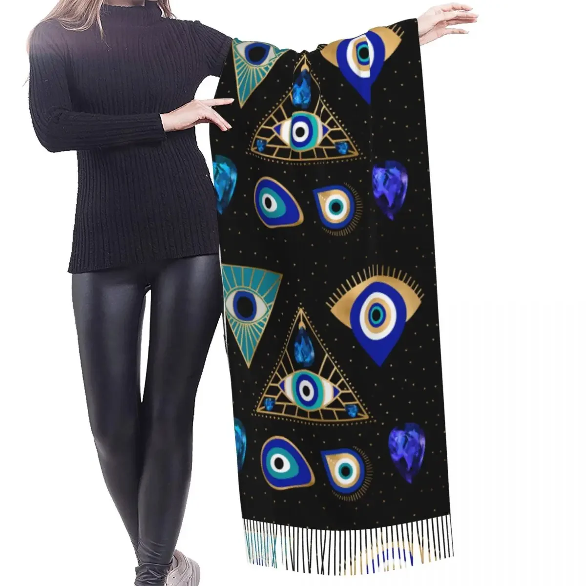 Custom Nazar Turkey Evil Eye Symbol Amulet Tassel Scarf Women Soft Fashion Versatile Shawls Wraps Female Winter Fall Scarves