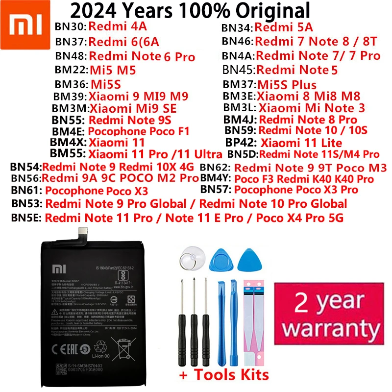 For Xiaomi Redmi Note Mi 4A K40 5 5A 5S 6 6A 7 8 8T 9 9A 9C 9S 9T 10 10S 10X 11 11S SE Poco F1 M2 M3 F3 X3 4X Plus Pro Battery