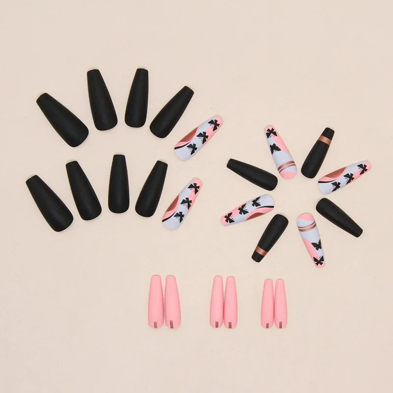 

24Pcs Matte Black Coffin Press-on Nails with Gold Stripe & Solid Pink French Tips False Nail For Women Girl