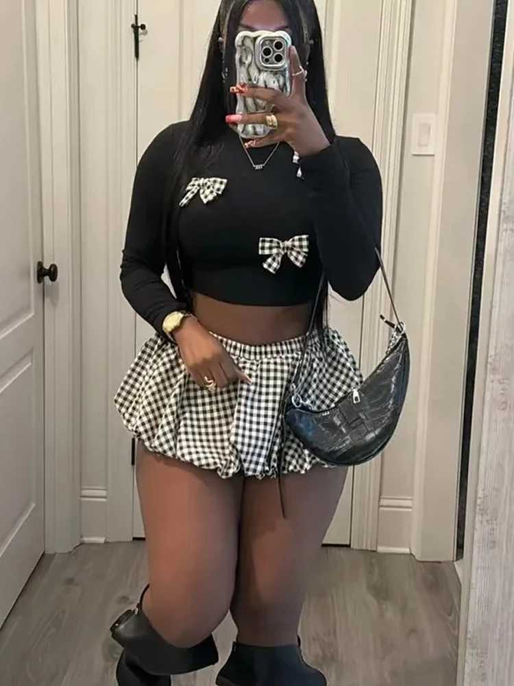 

Weird Puss Plaid Print 2 Piece Set Women Bow Applique Full Sleeve Crop Tops+Patchwork Ruffles Mini Skirts Street Trend Suits