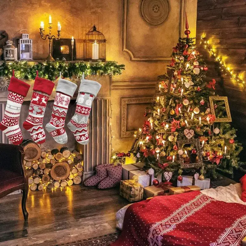 Family Christmas Stockings Elk Snowflake Design Christmas Stocking Ornaments Bright Colors Knitted Stockings Christmas