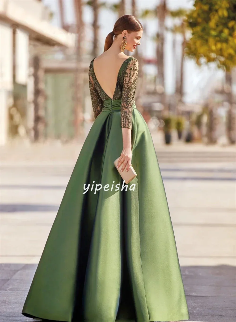 Customized Intricate Exquisite Satin Pleat Beading Ruched Draped A-line V-neck Long Dresses Cocktail Dresses Modern Style High Q