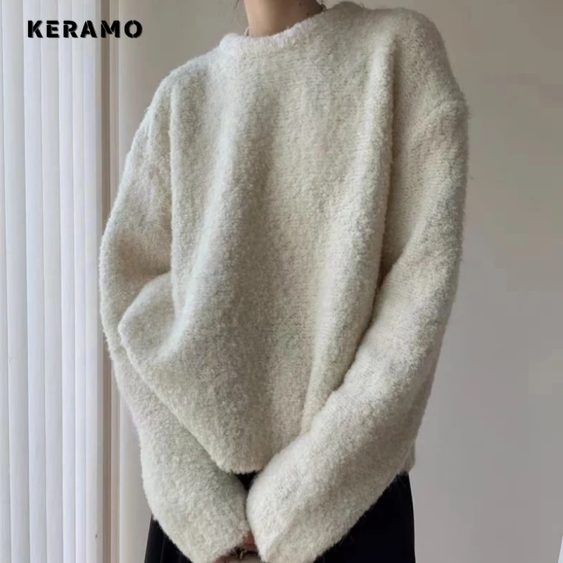 2024 Spring Casual Knitting Long Sleeve Round Neck Pullovers For Women Vintage Knitwear Loose Fit Solid Color Sweater Top