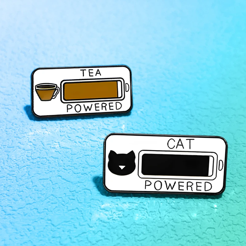 Cartoon Battery Pins 2-design Enamel Tea And Cat Powered Metal Pin For Clothes Backpack Bags Lapel Badge Friends Gifts
