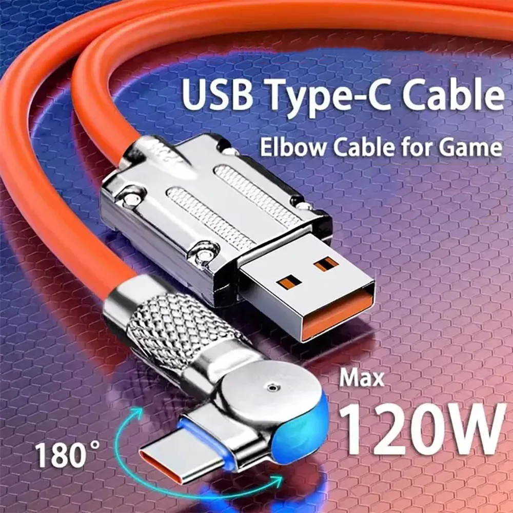 120W 6A Fast Charge USB Type C Cable 180 Degree Rotation Elbow Cable for Game for Xiaomi Redmi Honor Phone Charger USB C Cable