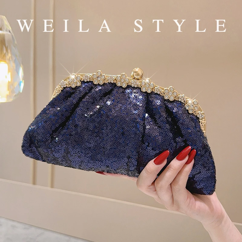 

Ruched Sequins Evening Bag, Glitter Rhinestone Detail Clutch, Women’s Chain Handbags for Wedding Party Banquet