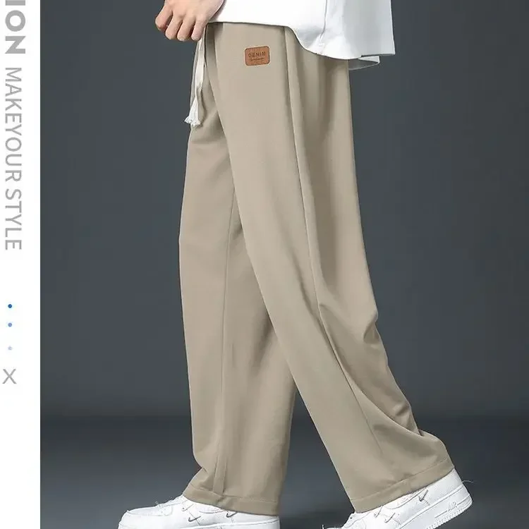 Summer Thin Ice Silk Patch Men's Wide Leg Pants Classic Street Casual Loose Straight Cylinder Waist Drawstring Motion Trousers