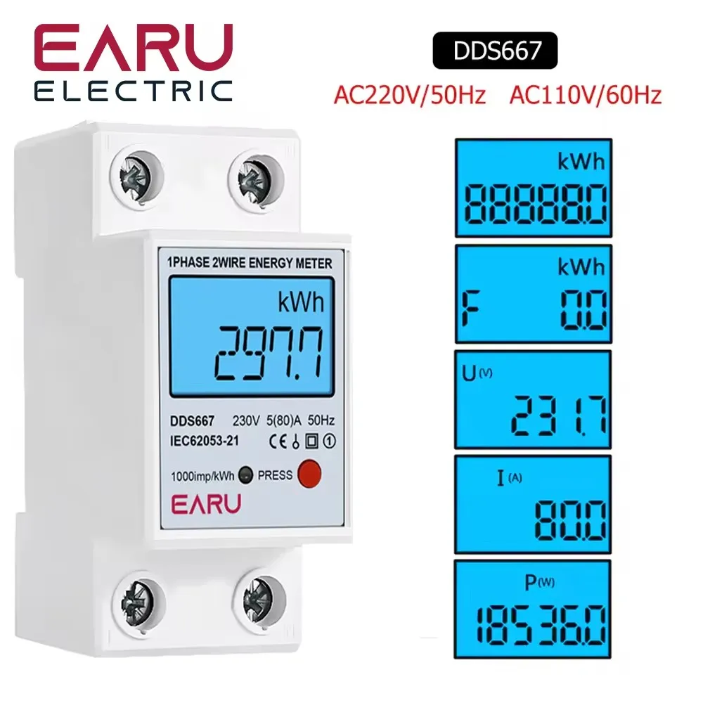 Din Rail Single Phase LCD Digital Backlight 110v 220v Voltmeter Ammeter Wattmeter Energy Meter kWh Power Comsumption Monitor