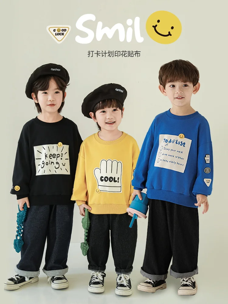 

Boys' Sweatshirt 2024 New Popular Spring Long Sleeved Round Neck Loose Smiling Face Embroidered Top Trend