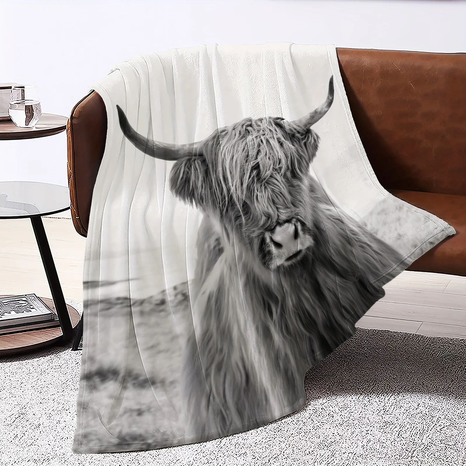 

Reversible & Cozy Highland Cow Blanket - All-Season Chunky Knit Comfort for Home, Travel, & More