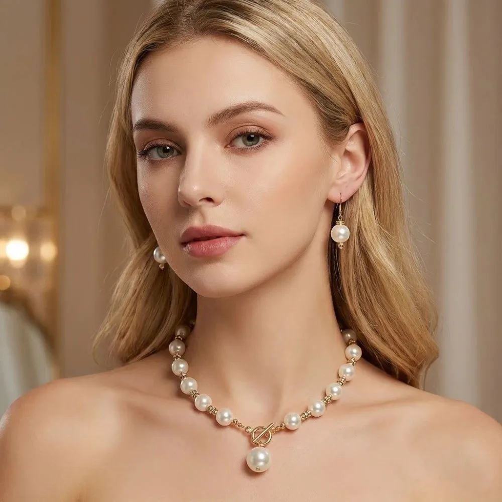 New Luxury Jewelry Suit Zircon Elegant Pearl Necklace Bridal Beaded Earrings Necklace Set Gifts
