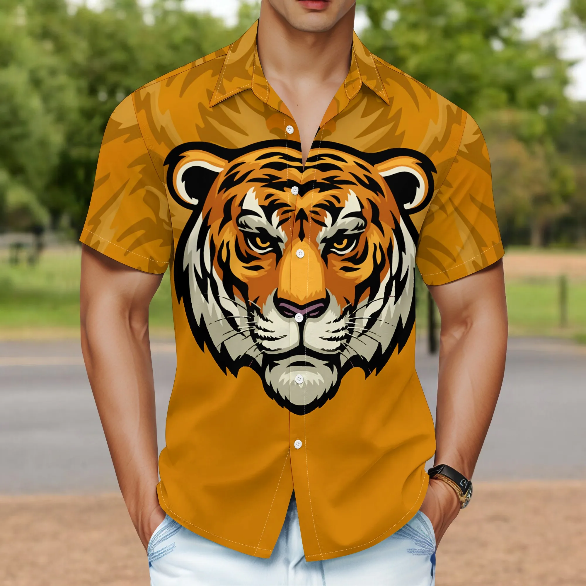 YEAE Men's Tiger Head Print Shirt Short Sleeve Regular Size
