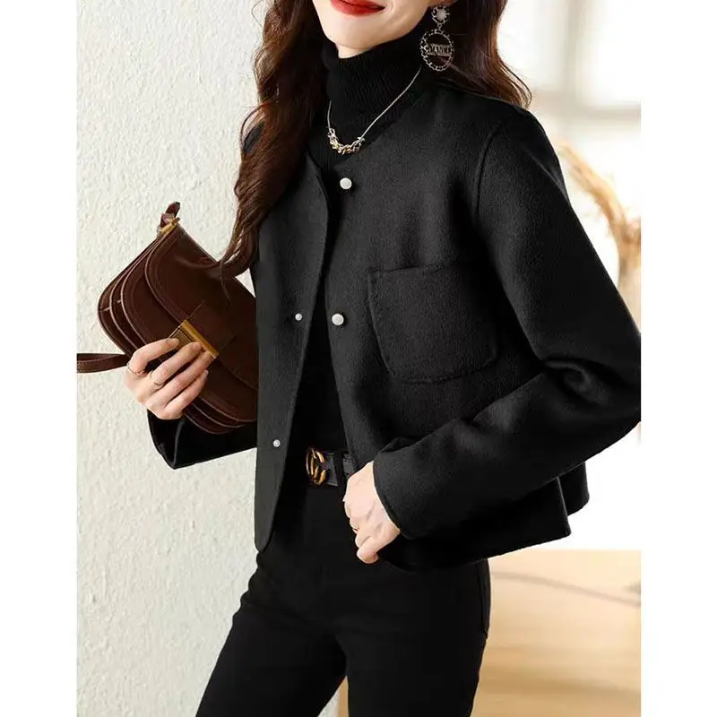 Women Clothing New Autumn Winter Korean Fashion Elegant Luxury Chic Cropped Coat Casual O Neck Solid Long Sleeve Outewear Jacket