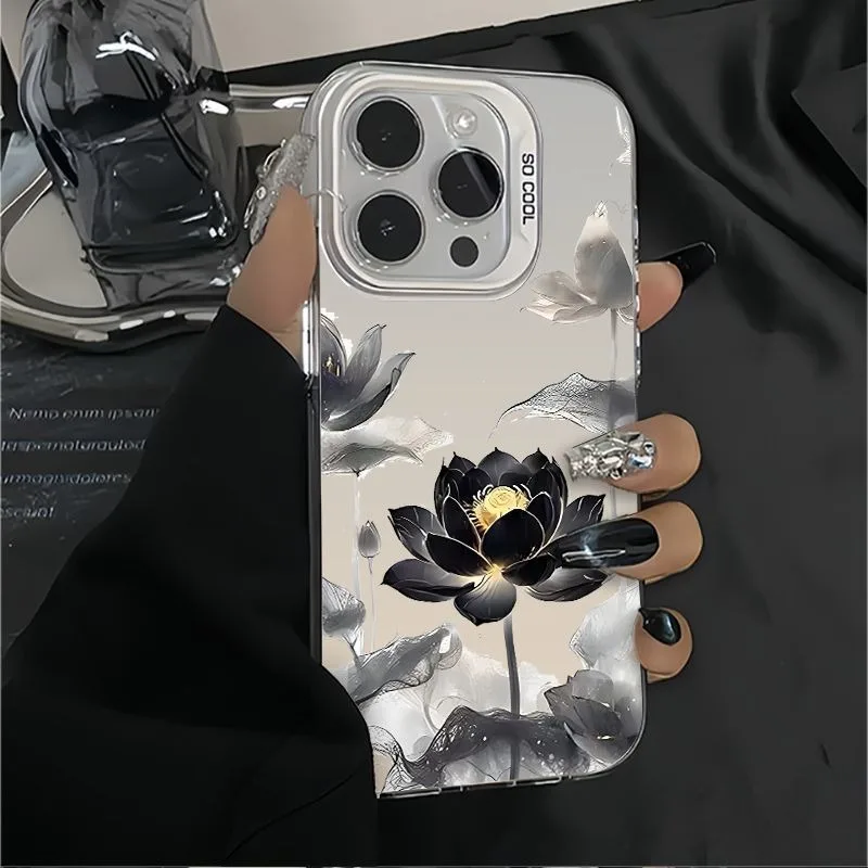 

Chinese Style Black Lotus Flower Phone Case For iPhone 17 16 15 14 Plus 13 12 11 Pro MAX 17 Air 16E Elegant Floral Phone Cover