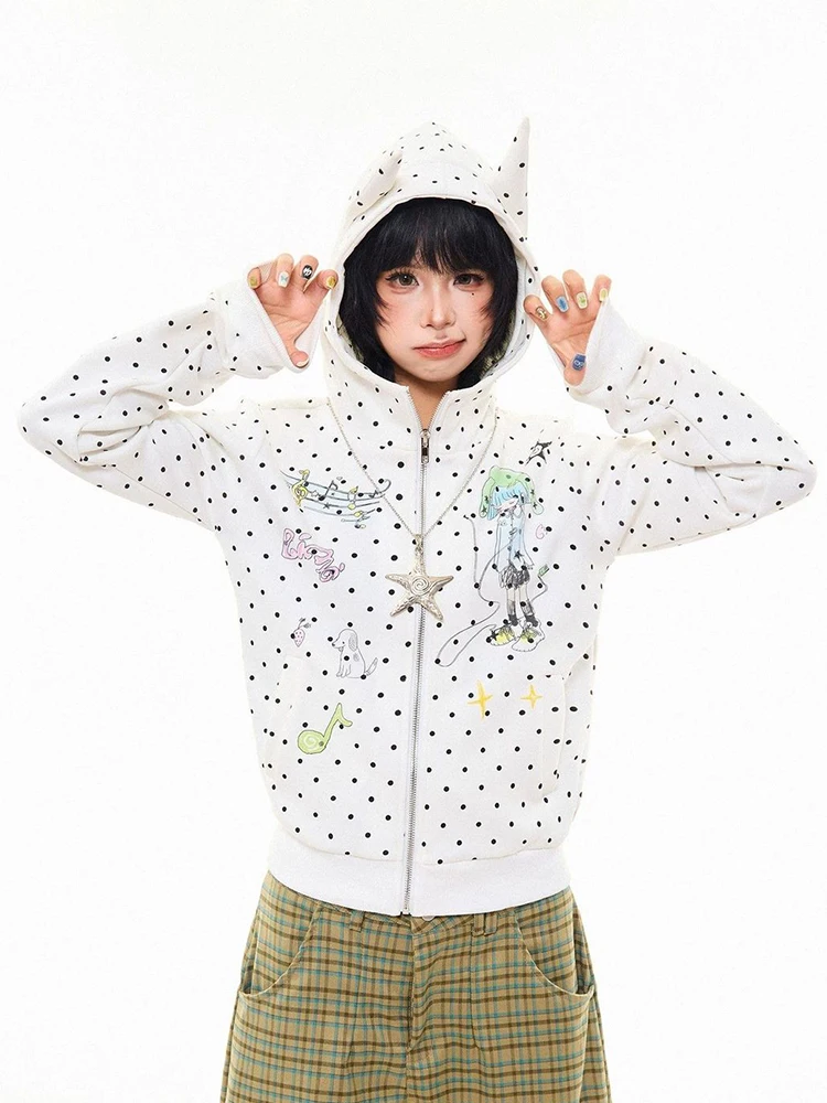 Women Cartoon Kawaii Hoodies Fall Long Sleeve Cute Cat Ears Dot Sweatshirts Loose Fashion Preppy Style Pockets Zipper Coat Tops