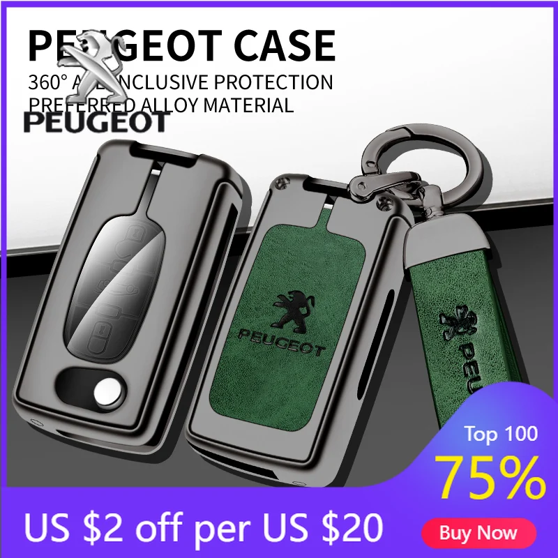 

2026 Hot Car Sticker Zine Alloy Leather Car Key Case Cover Shell Holder Protector For Peugeot 107 207 307 307S 308 407 607 3008