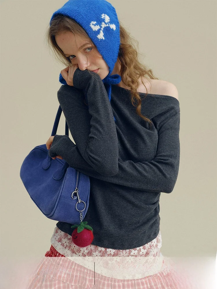 

Женская трикотажная футболка Rina Berry с кружевными вставками, асимметричным вырезом, стройнящим дизайном, для ранней осени, повседневная, с длинным рукавом