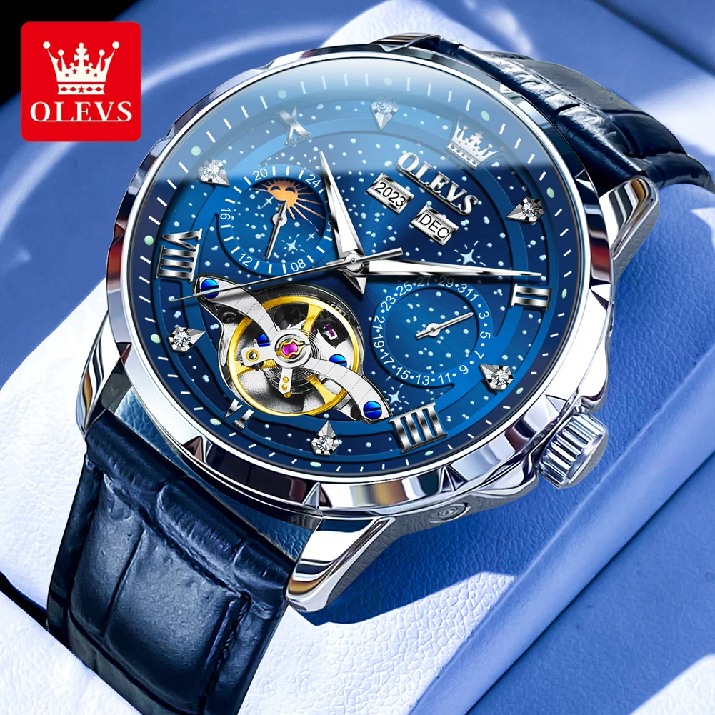 

OLEVS Brand Luxury Mechanical Watch Men's Leather Waterproof Luminous Fashion Starry Sky Dial Moon Phase Tourbillon Watches