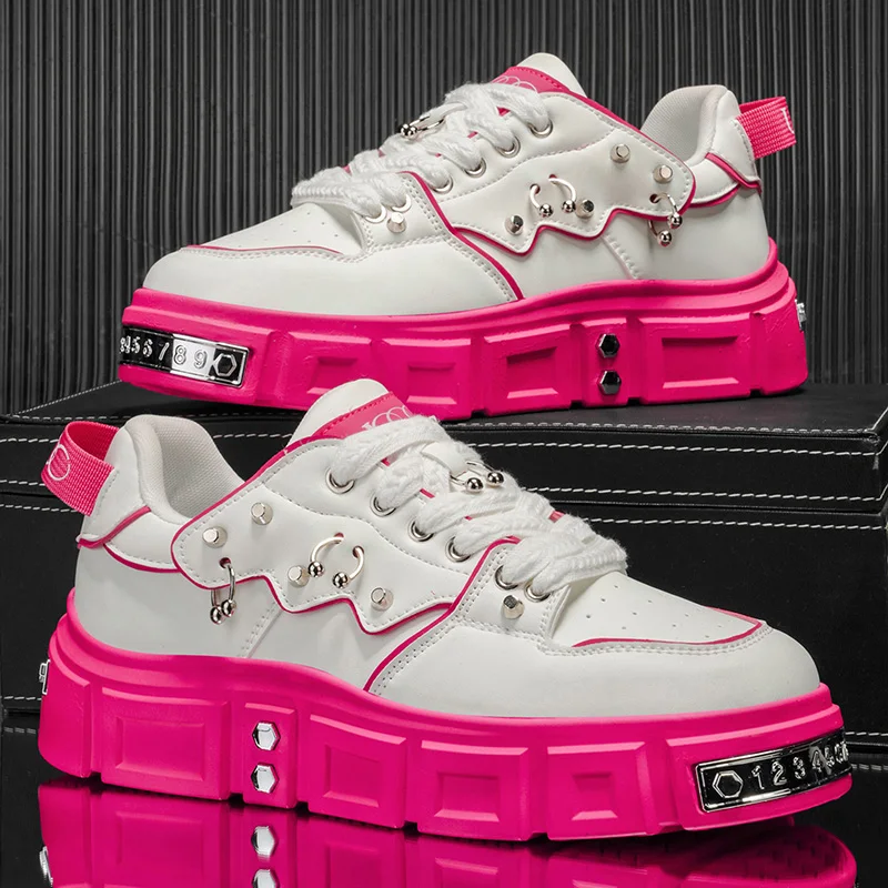 Nuevos Zapatos de Plataforma con Remaches para Otoño e Invierno, con Decoración de Anillo Única, Tacón Grueso, Zapatos Casuales que Aumentan la Altura, Zapatos de Skate de Estilo Urbano con Cordones, Versátiles para Uso Diario