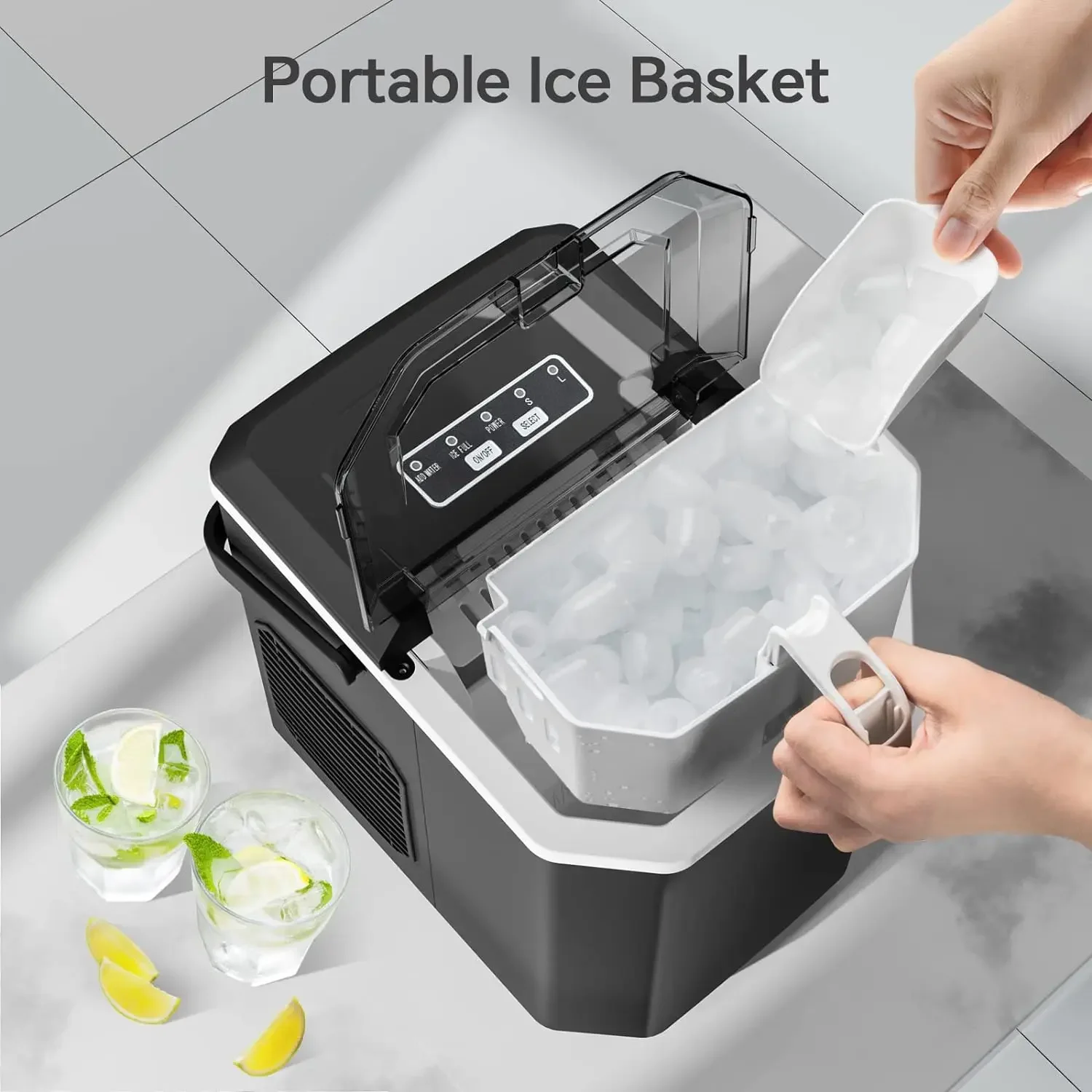 Machine à glaçons compacte et portable avec poignée questionelle, produit 26lb de glace en 24 heures, 9 cubes prêts en seulement 6 minutes