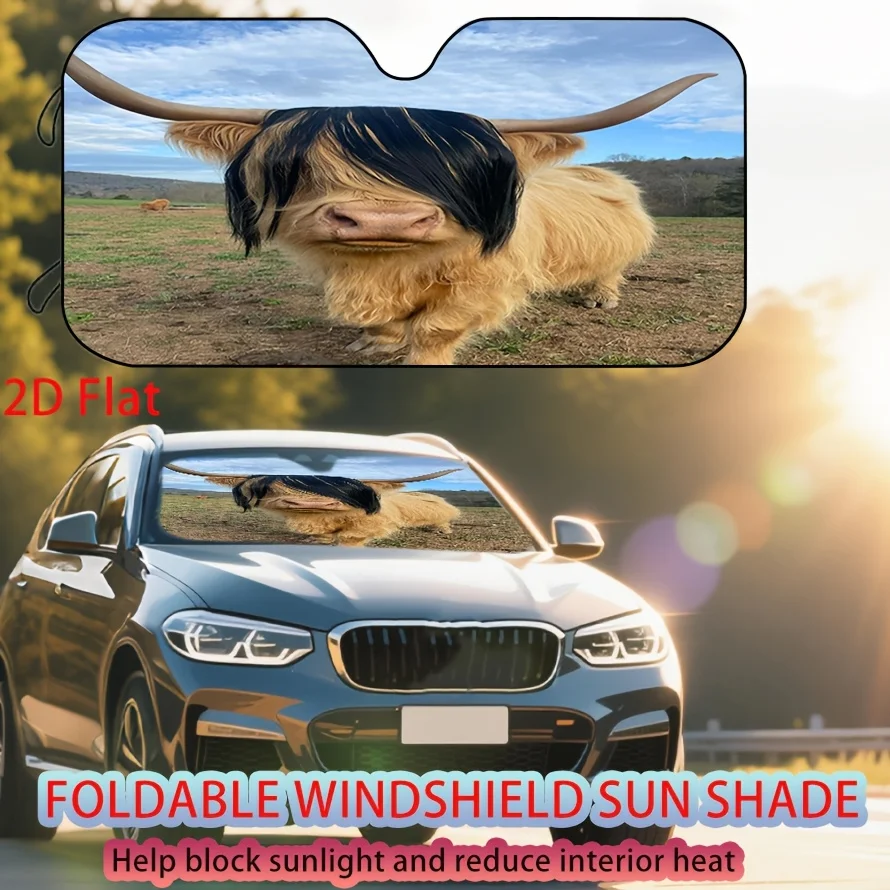 1pc Black Bangs Highland Cow Pattern Car Windshield Sunshade, All-Season Sunshield To Relieve Heat, Storage Does Not Occupy Spac