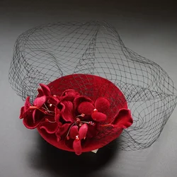 Women Wool Fascinator Flower Hat Bridal Wedding Cap with Veil Photography Derby Hat Cocktail Tea Party Celebrities Headwear