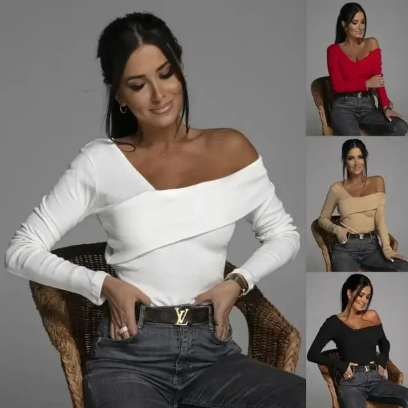 New Fashion Sexy Off the Shoulder Long sleeved T Elegant Women's Wear Essential Showcasing Female Charm