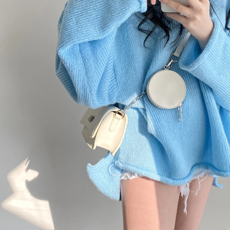 Korean Autumn New Retro Loose Sweater Sweet V-neck Rolled Edge Fashion Pullover Sweater Casual Blue Knitted Top for Women image 3