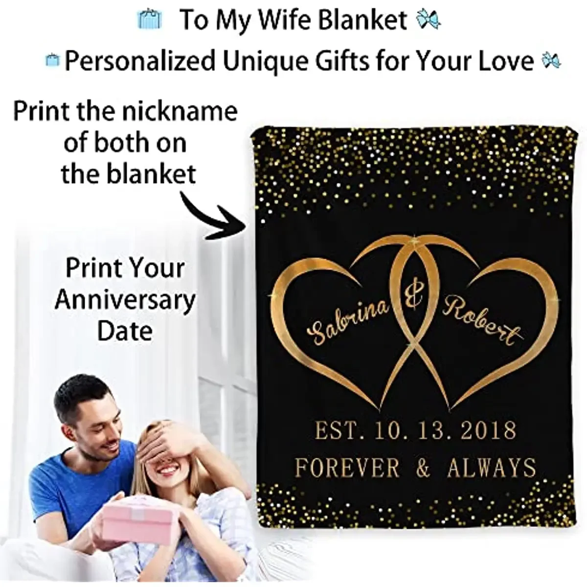 to My Wife Custom Throw Blanket from Husband, Personalized Blanket with Name & Anniversay Date,Annicersary Gifts for Wife