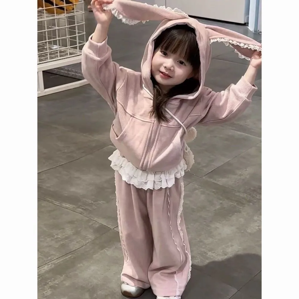 New Fashion Girls Spring Autumn Outfit Set Kids Lace Trim Bunny Ear Hooded Sweatshirt Pants 2-Piece Children Clothing