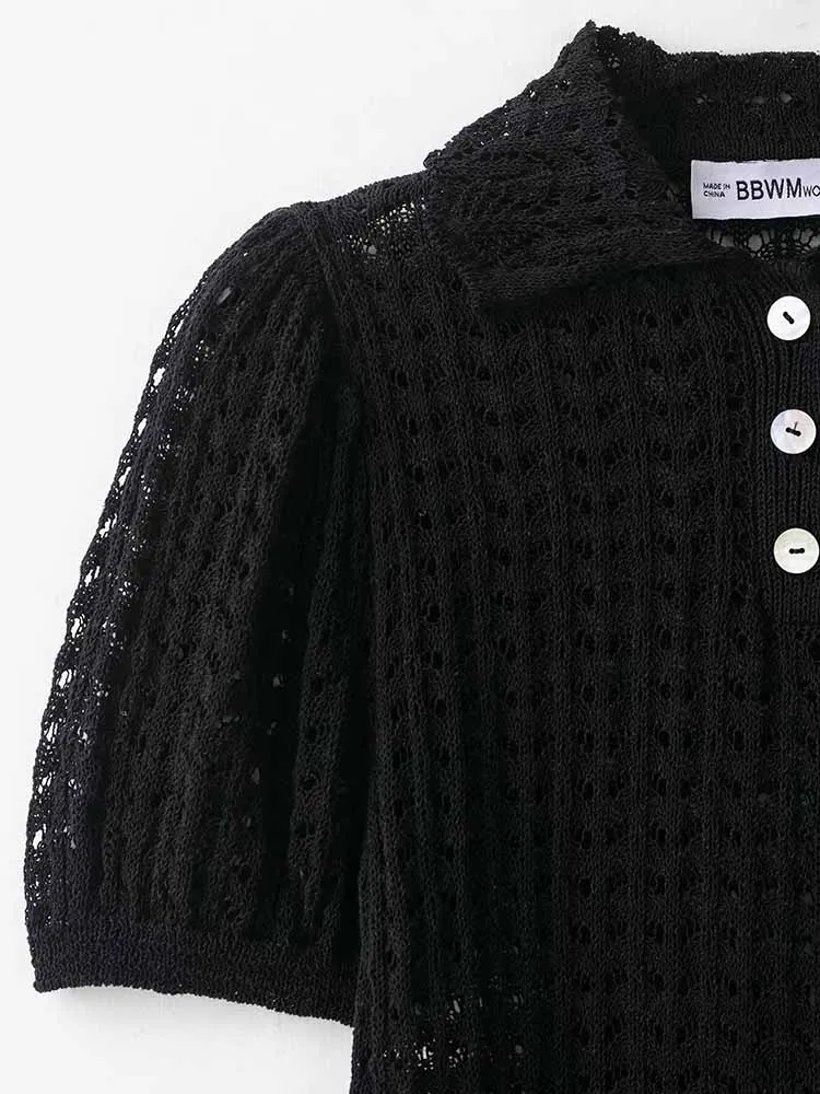 Europese en Amerikaanse stijl herfst nieuwe modetrend dameskleding holle gebreide polokraag top met korte mouwen