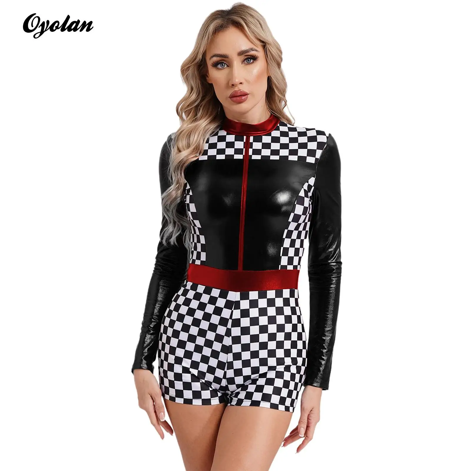 

Womens Contrast Racer Romper Cosplay Outfit Bodysuit Long Sleeve Boyshorts Checkerboard Print Driver Jumpsuit Halloween Costumes