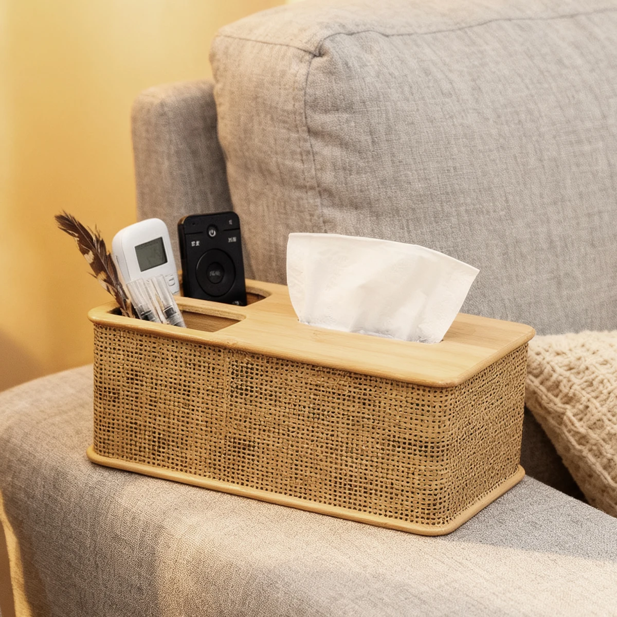 

Natural/Walnut Bamboo Tissue Box Organizer with Two-Slot Storage - Space-Saving Remote/Stationery Holder for Living Bedroom