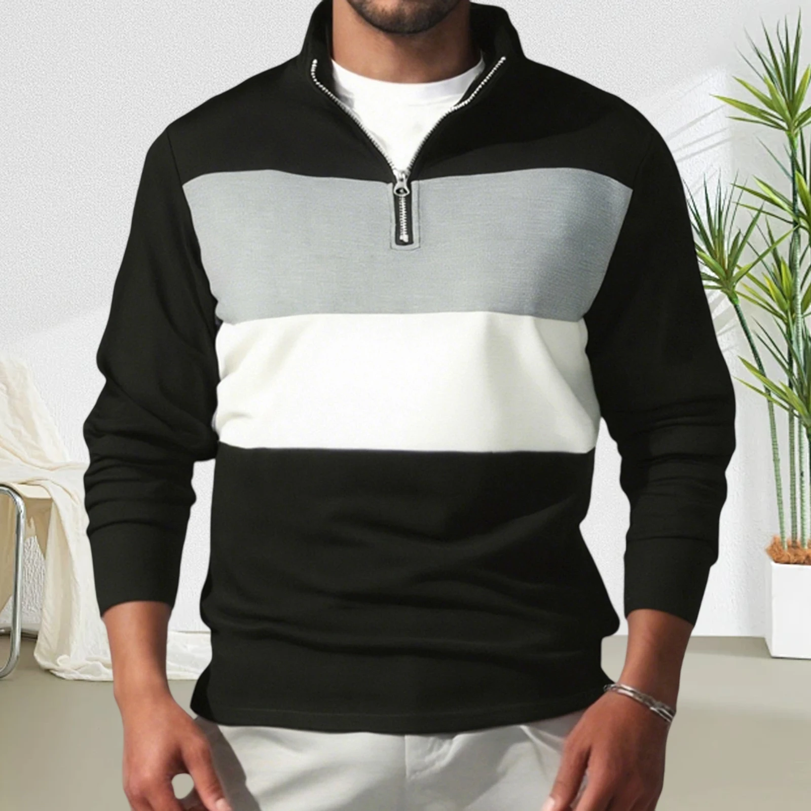 

Мужская толстовка на молнии с длинным рукавом и отложным воротником контрастного цвета, осенний повседневный пуловер с капюшоном, уличная одежда