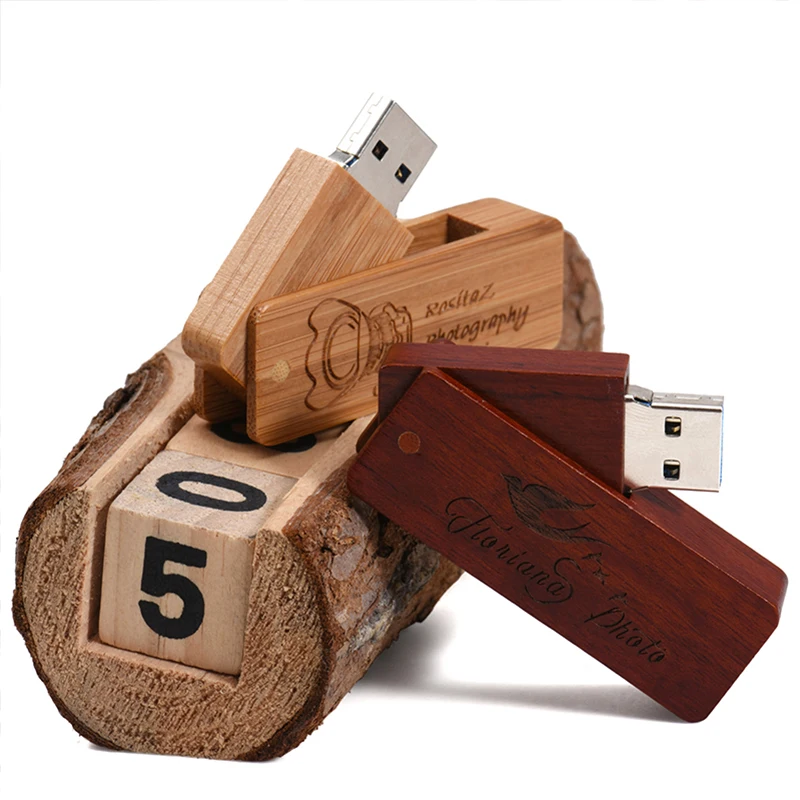 Деревянные вращающиеся USB-флеш-накопители 128 ГБ Высокоскоростная карта памяти 64 ГБ Бесплатный индивидуальный логотип Pen Drive 32 ГБ Studio DIY U Disk 16 ГБ