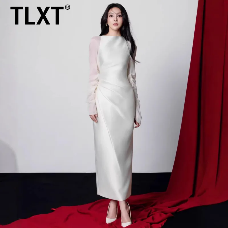 

TLXT Fashion Women's Designer Elegant Intellectual Style Patchwork Dress Satin Crepe Apricot Slit One-Step Gown Dress 2026 New