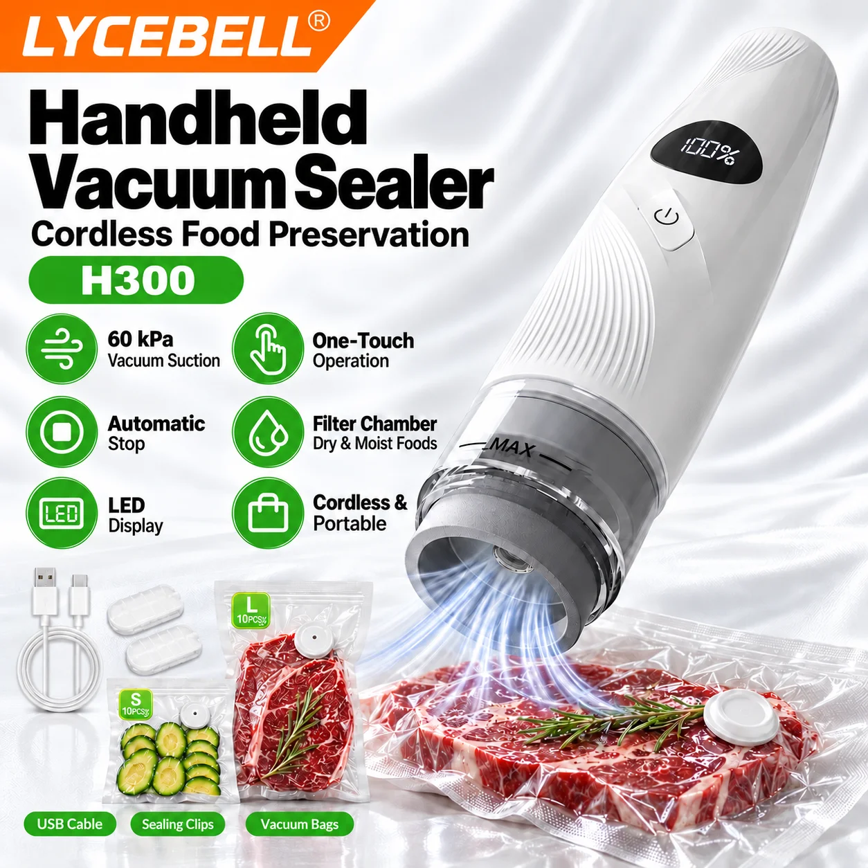 HoldPeak Handheld Vacuum Sealer Cordless Rechargeable, 60kPa Suction, One-Touch Auto Stop for Food Storage, Meat, Fish & Produce