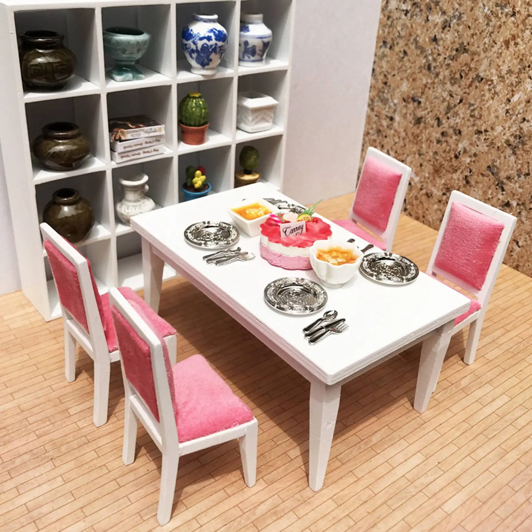 5 pezzi 1/12 tavolo da pranzo in miniatura e sedia set in legno bambola giocattolo per accessori decorativi bianco