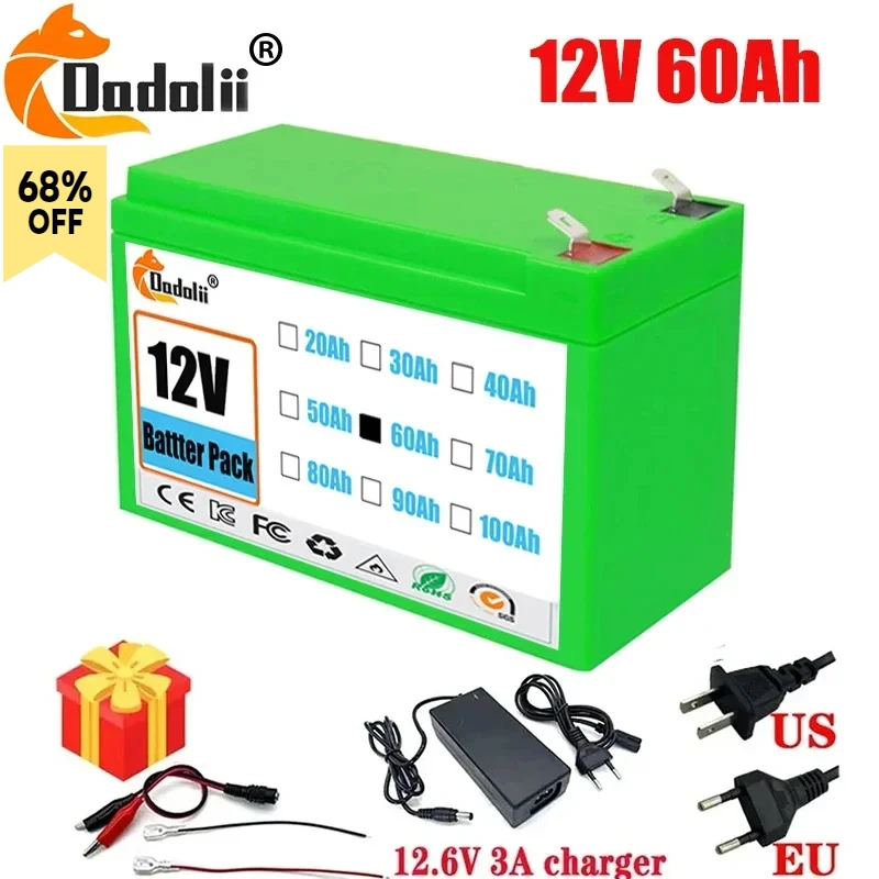 12V Battery 100Ah 18650 lithium battery pack Rechargeable battery for solar energy electric vehicle battery+12.6v3A charger