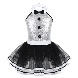 Cute Bowtie Tuxedo Ballet Tutu Dress for Kids Girls Fairy Prom Party Halter Sequins Leotards Latin Jazz Modern Dancing Costume