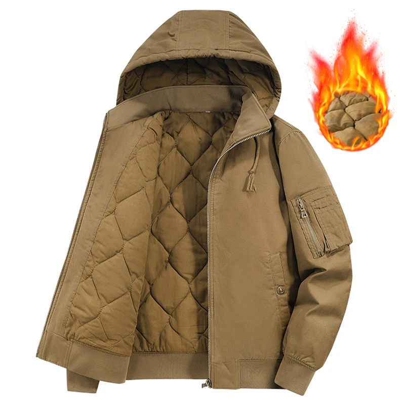 

Winter New Men Cotton Jacket Men Warm Thick Windproof Coat Outdoor Pockets Tactical Zip Parkas Detachable Hat Bomber Jacket Male