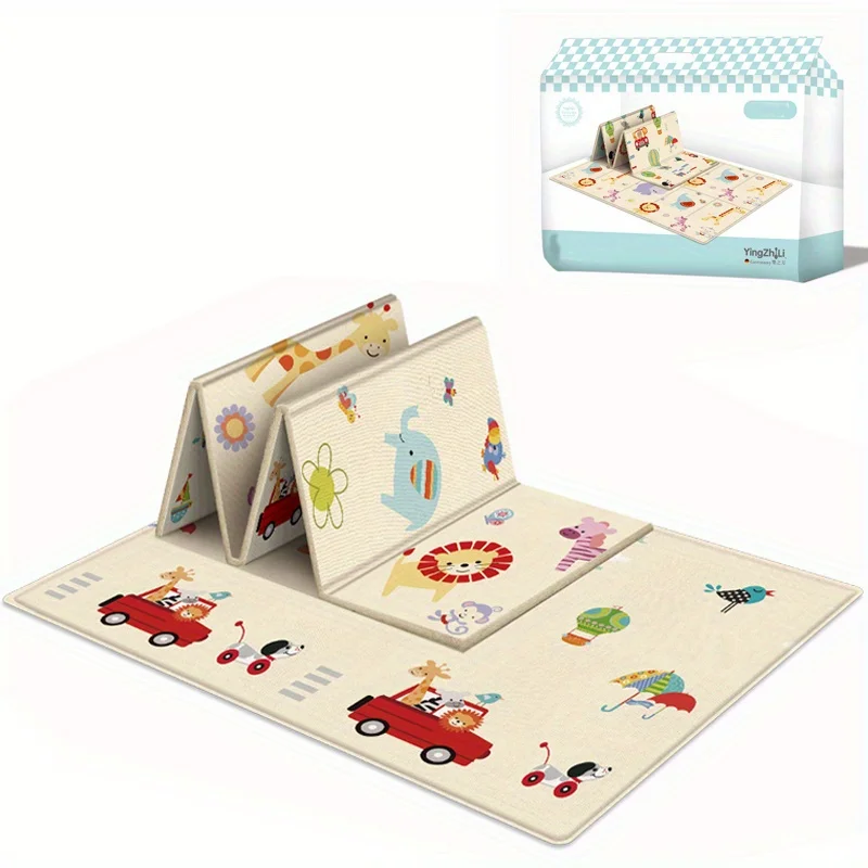 Baby Play Mat Double Sided Foldable Cartoon Pattern Crawling Mat Waterproof Non Slip Indoor Educational Activity Foam Flooring