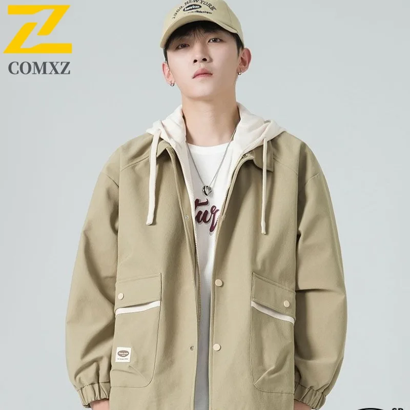 

Men Hooded Baseball Jacket American Style windproof Water-Resistant Windbreaker Streetwear Casual Outdoor Camping Sportswear Top