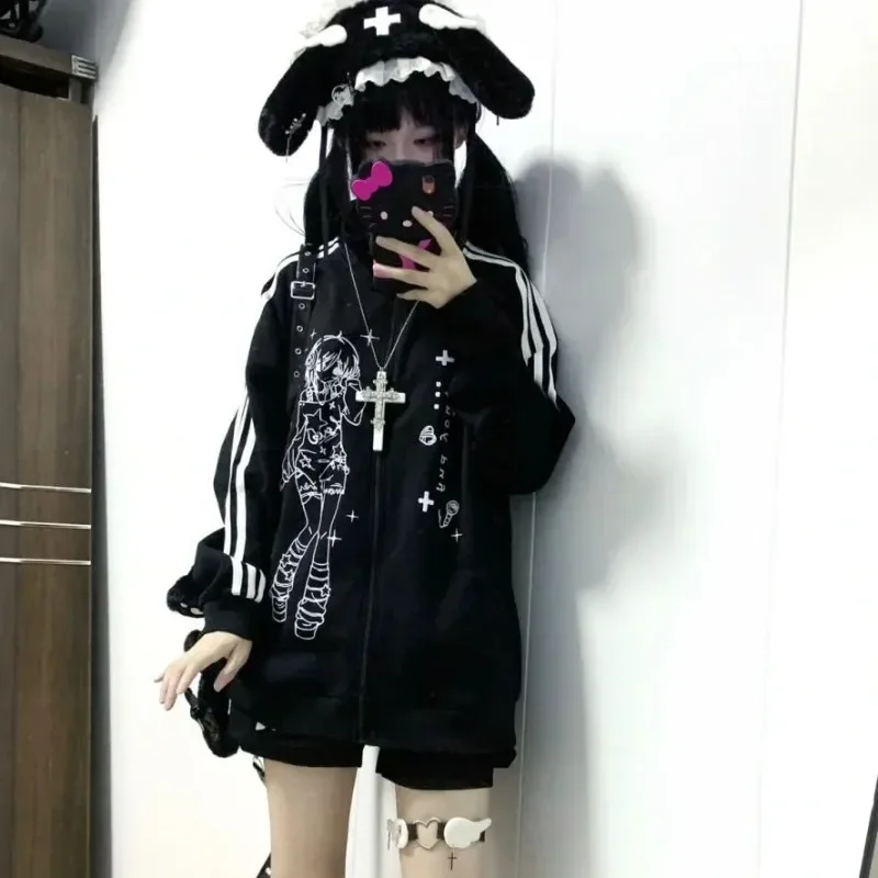 

New Punk Harajuku American Vintage Cute Print Hoodies Japanese Fashion Loose Y2k Aesthetic Sweatshirts Autumn All Match Clothes