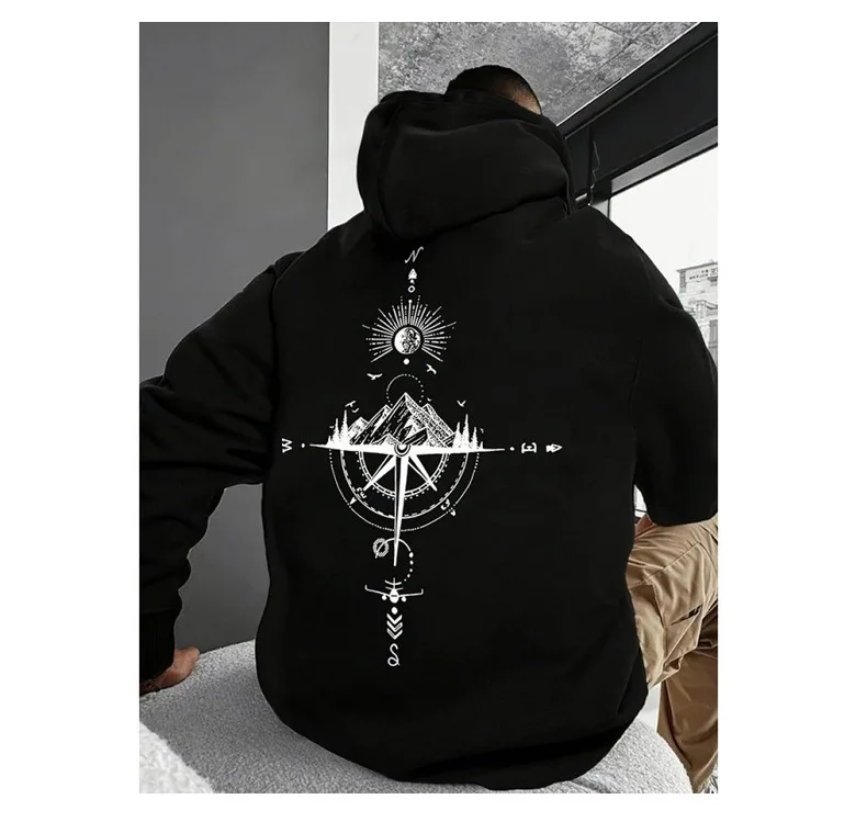 Men Hot‑Sale Loose Hoodie Mountain Compass Print Hooded Sweatshirt Casual Long Sleeve Pullover Top For Daily Wear