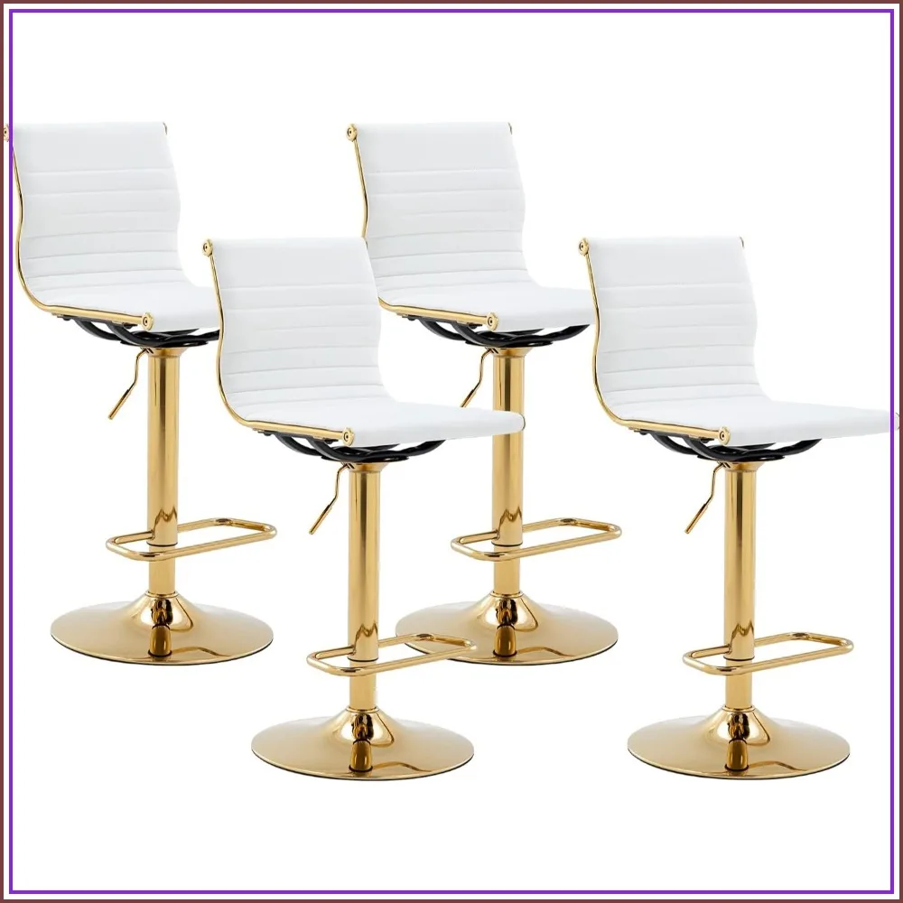 Adjustable Barstools Set of 4 Faux Leather Counter Height Bar Stool Chairs with Back White Gold Base