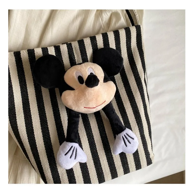 Disney Mickey creative three-dimensional cute doll striped one-shoulder canvas bag striped magnetic buckle commuter tote bag