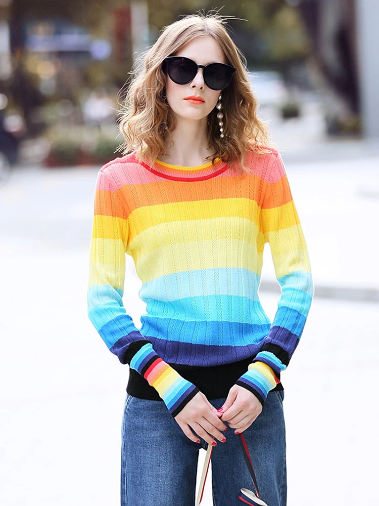 New Multicolor Rainbow Sweater Autumn Winter Women Sweater O-Neck Knitted Jumper Top Loose Casual Warm Femme Sweater C-144