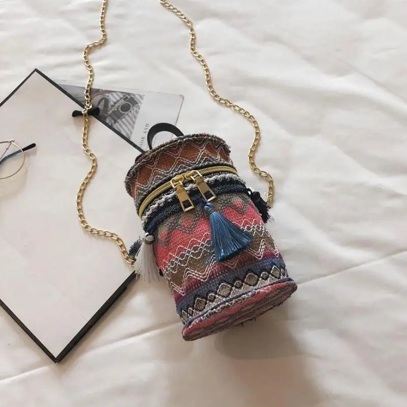 Mode Handtas Dames Tas Straddle Bag Strand Bohemian Cilinder Tas Nationale Stijl Ketting Meisje Schoudertas Crossbody Tas